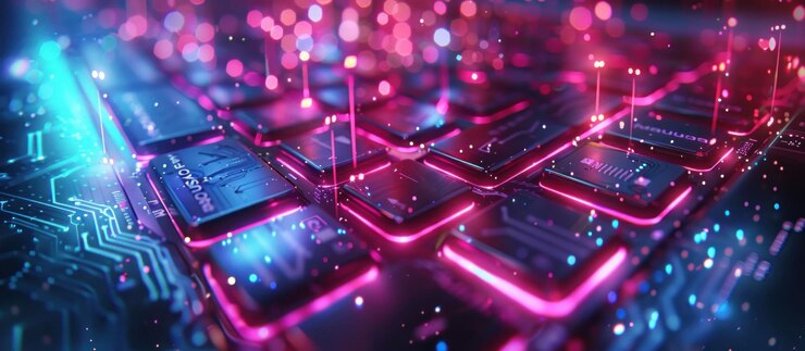 PSD abstract cyberpunk style image of a computer keyboard with glowing neon pink and blue lights