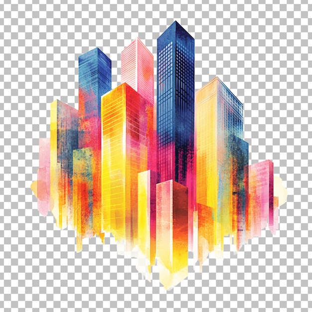 Abstract depiction of colorful skyscrapers in a watercolor style on transparent PNG