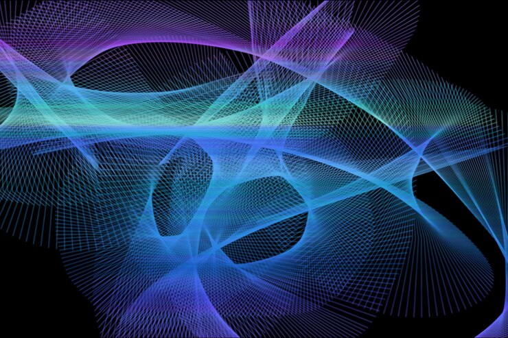 PSD abstract design featuring blue and purple lines gracefully intertwined against deep black background