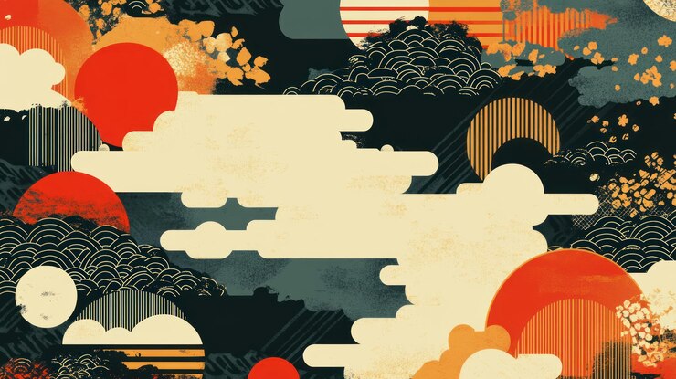 PSD 雲とスタイライズされた太陽を特徴とする抽象的なデザイン