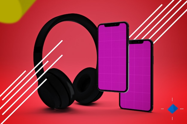 PSD abstract design. headphones and screen mobile mockup