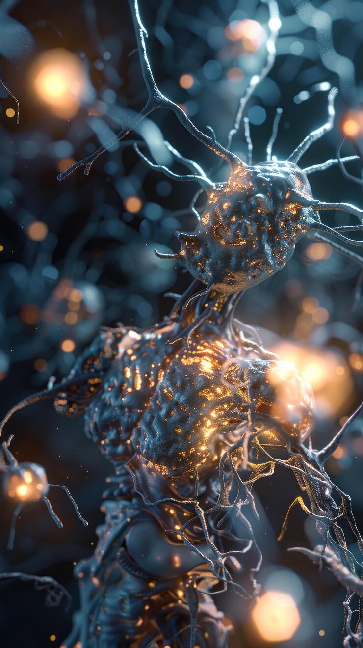 PSD abstract digital art of a bioluminescent humanoid figure with glowing veins and particles