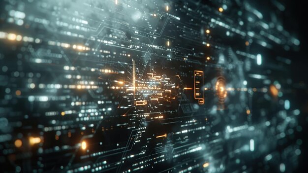 abstract digital background with glowing circuit board and data streams