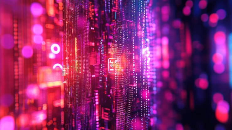 PSD abstract digital background with glowing lines and data in red and pink color
