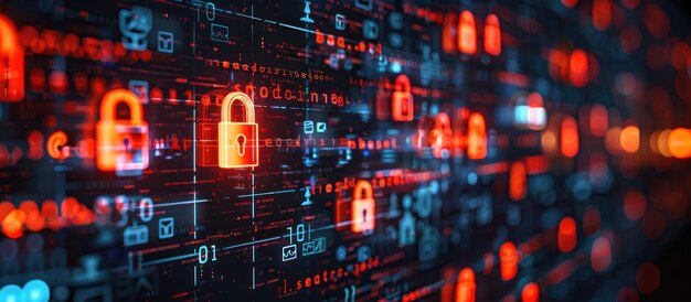 Abstract digital background with red security locks and code
