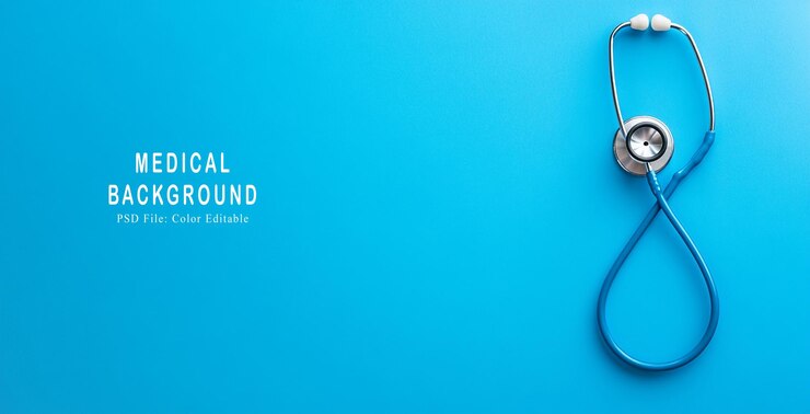 Abstract digital background with stethoscope and medical elements in the style of blue color scheme