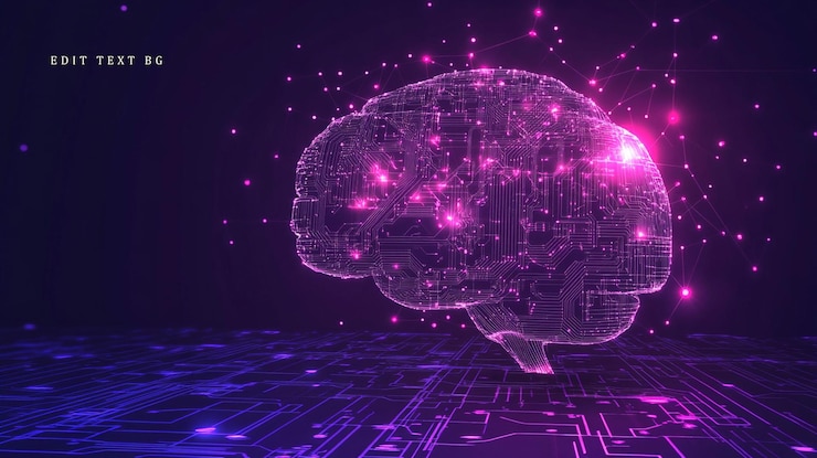 PSD abstract digital brain with glowing nodes and connections on a circuit board background