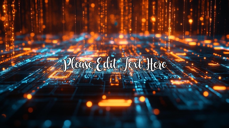 PSD abstract digital circuit board with glowing orange and blue lines 1