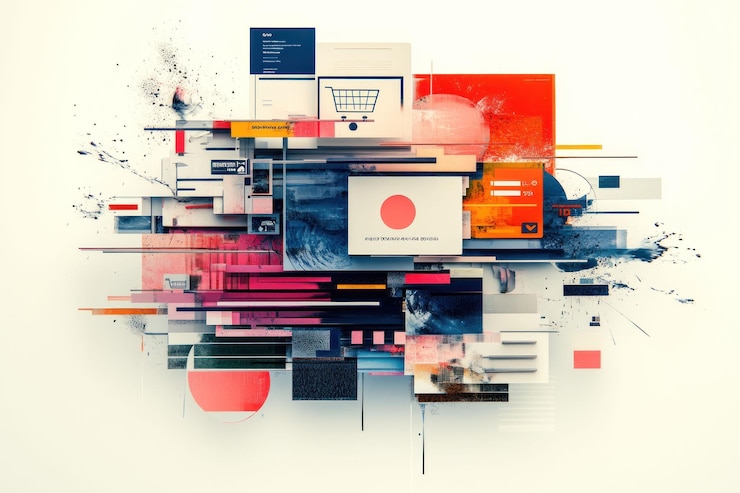 PSD abstract digital collage of ecommerce elements showcasing online shopping payment and website design