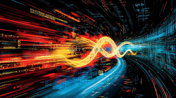 PSD abstract digital data stream flowing through a tunnel