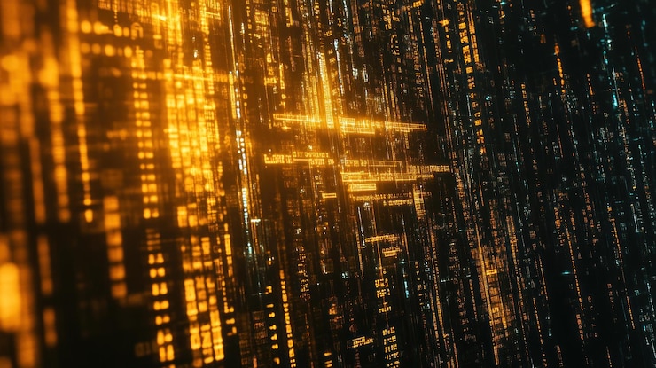 PSD abstract digital data stream glowing orange and black
