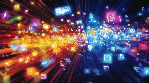 abstract digital explosion of colorful app icons and data streams
