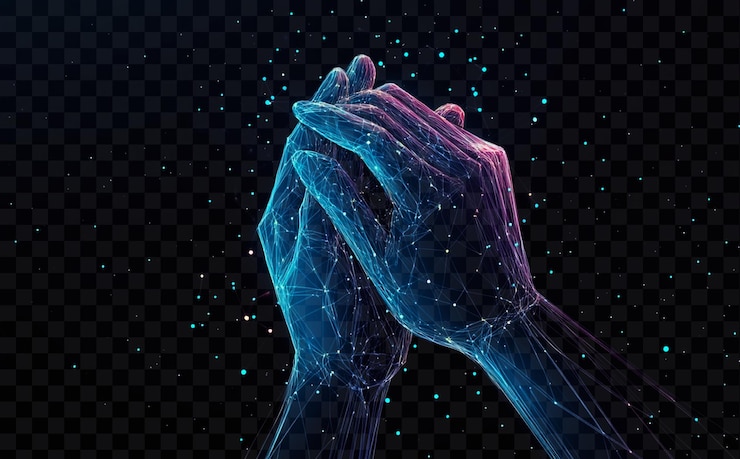 PSD abstract digital glowing blue hands holding each other on transparent background