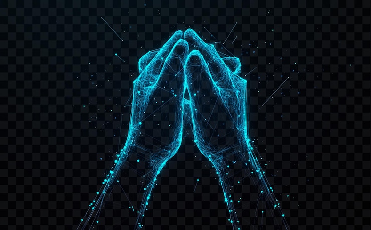 PSD abstract digital glowing blue hands holding each other on transparent background