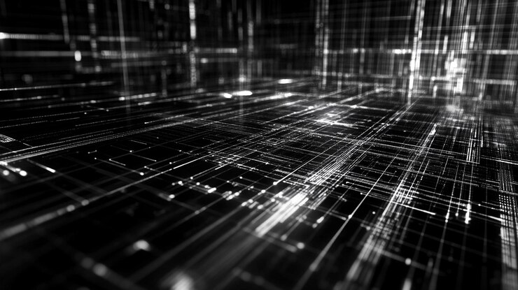 PSD abstract digital grid glowing lines and nodes forming a futuristic cityscape