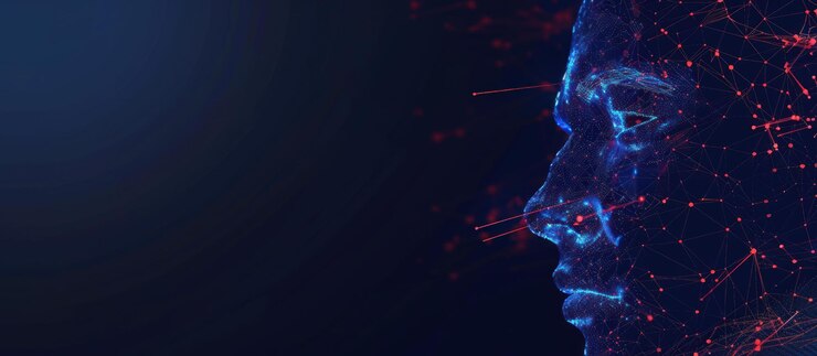 PSD abstract digital human face made of glowing lines and dots