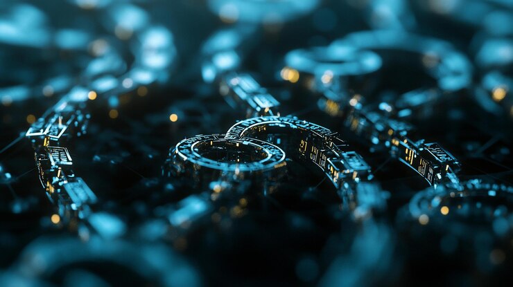 PSD abstract digital network glowing blue interconnected chains