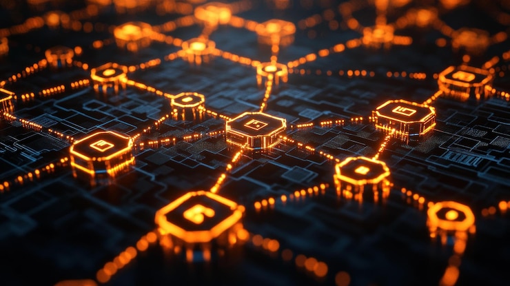 PSD abstract digital network with glowing nodes connected by lines on a circuit board