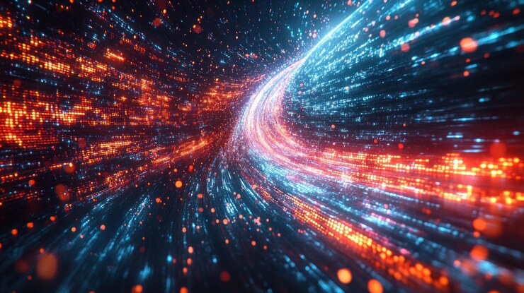 PSD abstract digital tunnel of glowing red and blue particles