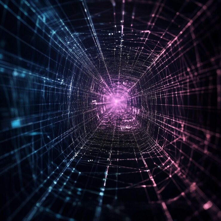 PSD abstract digital tunnel with glowing lines and particles 1