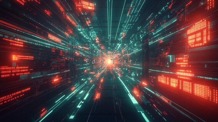 PSD abstract digital tunnel with glowing red and cyan lines
