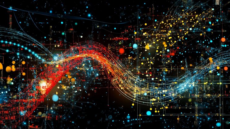 PSD abstract digital wave with glowing particles and data streams