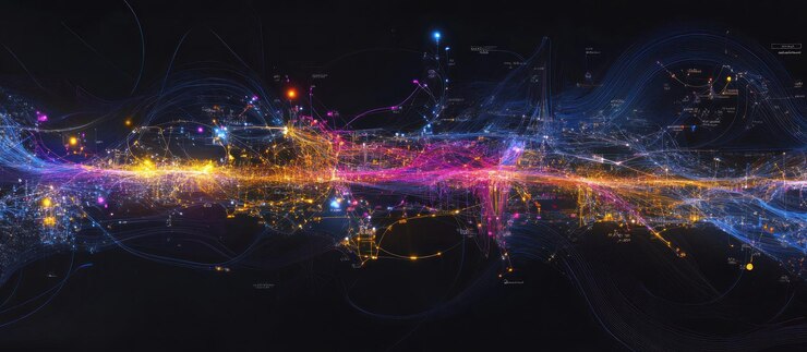 PSD abstract digital wave with glowing particles and lines