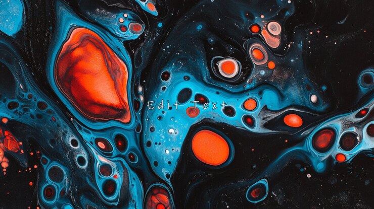 PSD abstract fluid art painting with vibrant orange blue and black colors creating a mesmerizing cosmic effect