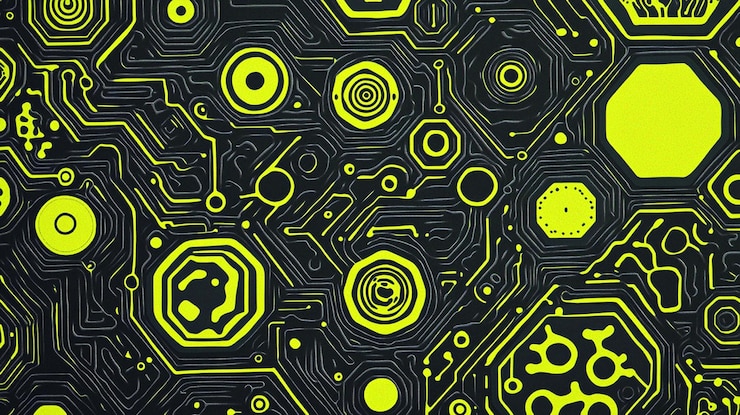 PSD abstract futuristic circuit board with neon green and black hexagons and circles