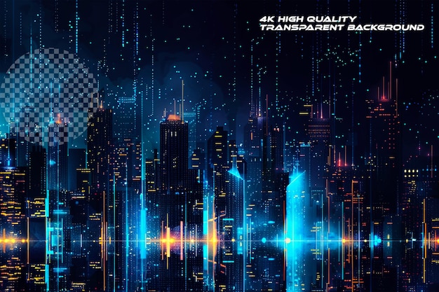 PSD abstract futuristic cityscape background with blue glowi on transparent background