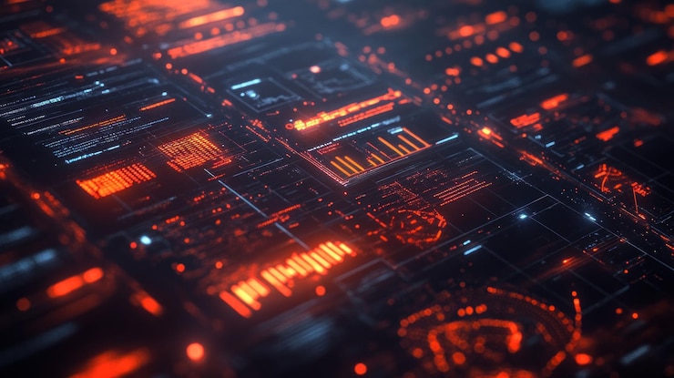 PSD abstract futuristic digital interface with glowing red and blue elements