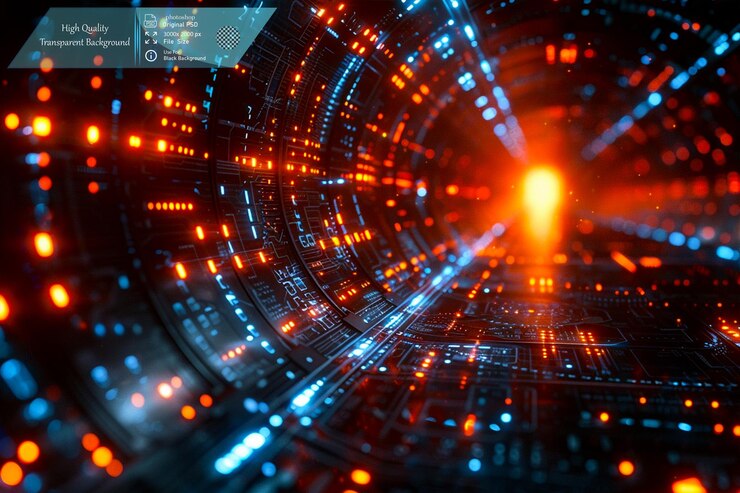 PSD abstract futuristic technology background with blue and teal on transparent background