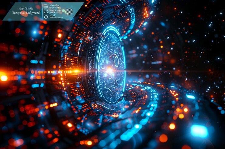 PSD abstract futuristic technology background with blue and teal on transparent background