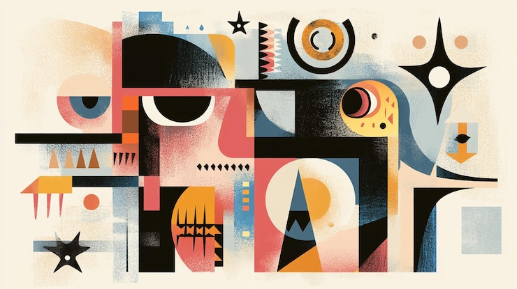 PSD abstract geometric art featuring a stylized face and cosmic elements in muted tones