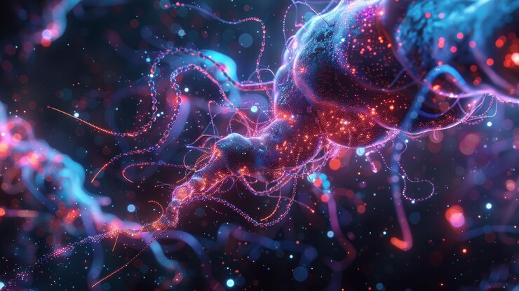 PSD abstract glowing blue and red particles in space with a dark background