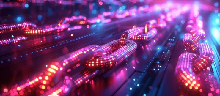 PSD abstract glowing chain link made of glowing particles in pink and blue colors