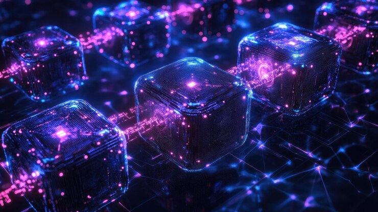 PSD abstract glowing cubes connected by neon lines on a dark background