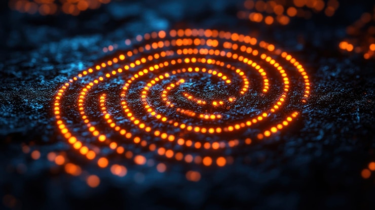 PSD abstract glowing orange spiral on a dark blue background