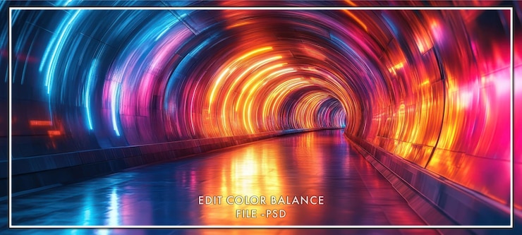 PSD abstract glowing tunnel with neon lights and reflections