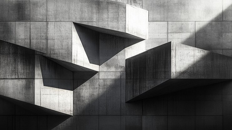 PSD abstract grayscale photo of a modern concrete buildings geometric facade with dramatic light and shadow