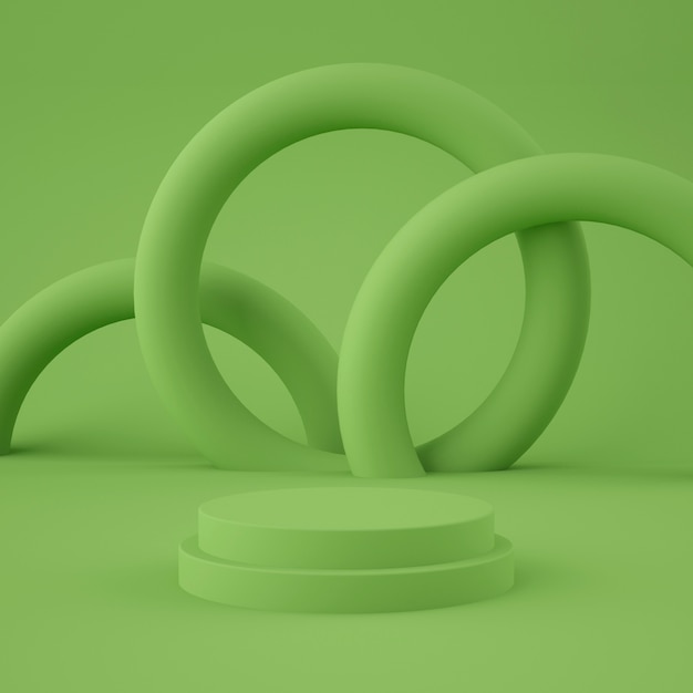 製品の幾何学的形状の表彰台と風光明媚な抽象的な緑。最小限のコンセプト。 3Dレンダリング