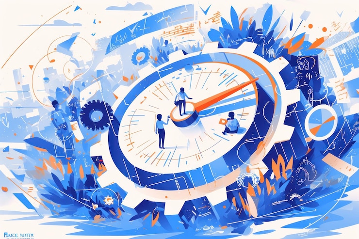 PSD abstract illustration of a clock face with people working on it symbolizing time management and efficiency