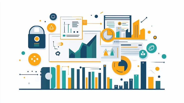 PSD abstract illustration of data analysis business intelligence and digital transformation with various charts graphs and security elements