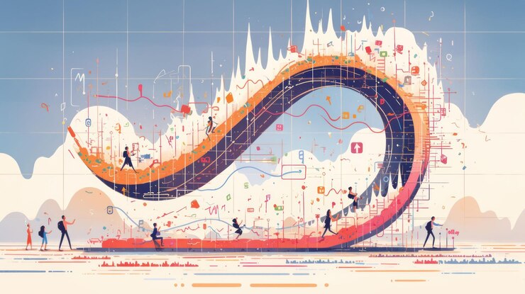 PSD abstract illustration of a large colorful wave with tiny figures climbing up the wave in a gridded background