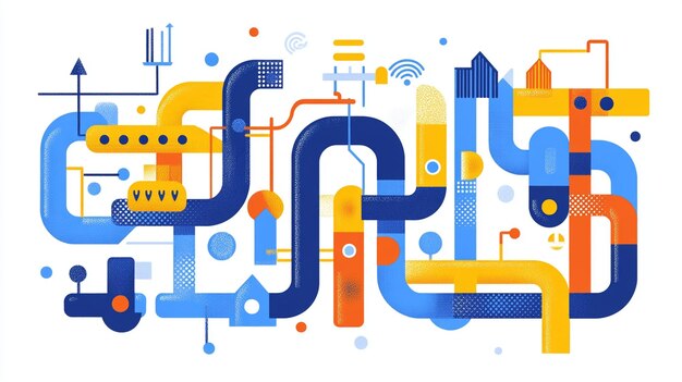 abstract illustration of interconnected pipes and shapes representing complex systems and networks