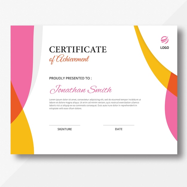 Abstract Kleurige oranje gele en roze golven Certificate Design Template