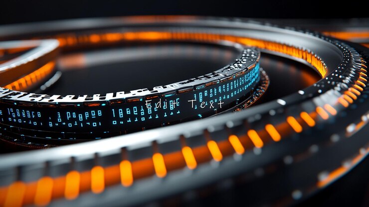 PSD abstract metallic rings with glowing orange and blue digital code