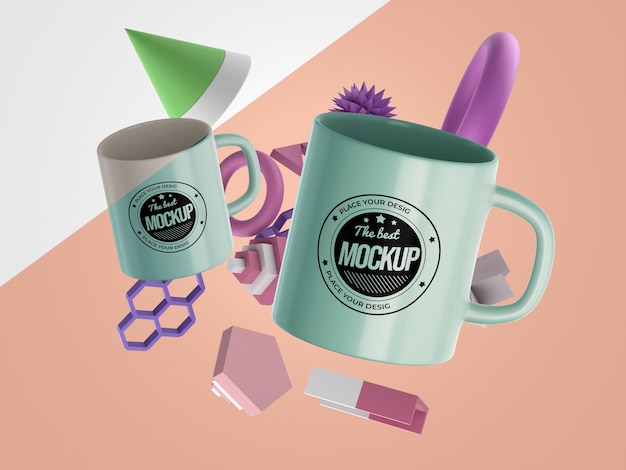 PSD abstract mock-up merchandise with bunch of mugs