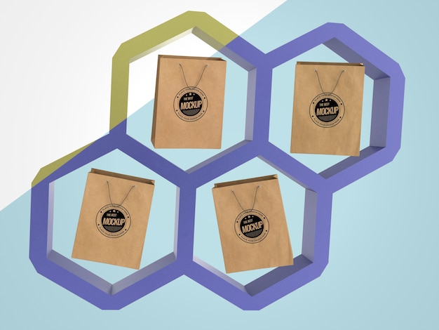 Abstract mock-up merchandise with paper bags in hexagons