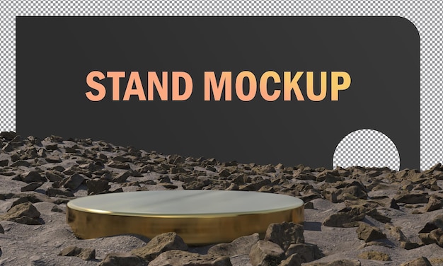 Abstract mock-ups stand gold metallic circle surrounded by rocks on moon background